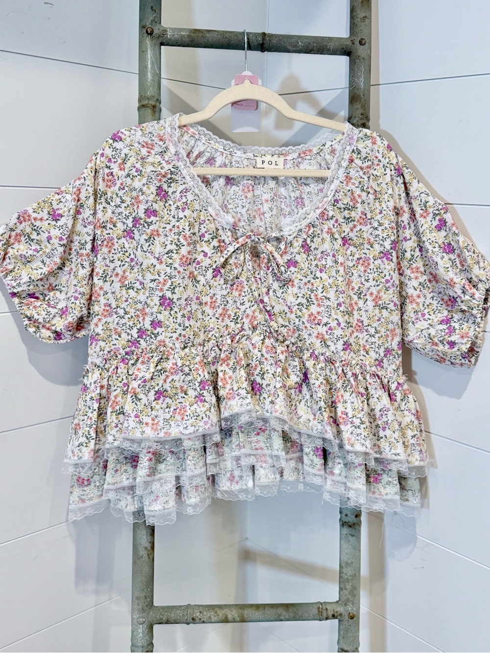 NEW POL : The Ellie”White Floral Ruffle Peasant Top women